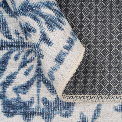 Blue White Floral Bordered Washable Non Slip Rug 160x230cm