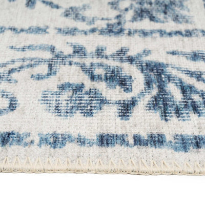 Blue White Floral Bordered Washable Non Slip Rug 160x230cm