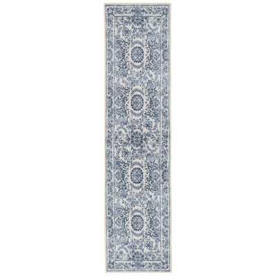 Blue White Floral Bordered Washable Non Slip Runner Rug 60x240cm