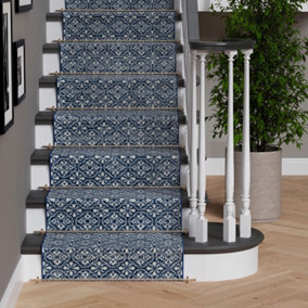 Blue White Mosaic Cut To Measure Stair Carpet Runner 70cm Wide (2ft 3in W x 12ft L)