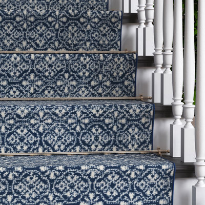 Blue White Mosaic Cut To Measure Stair Carpet Runner 70cm Wide (2ft 3in W x 26ft L)