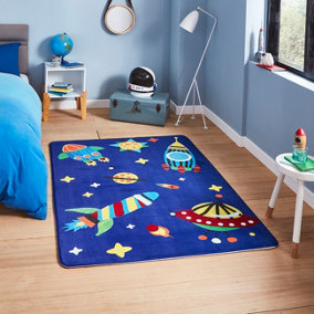 Blue Wool Easy to Clean Graphics Pictorial Handmade Kids Modern Rug for Living Room, Bedroom - 100cm X 150cm