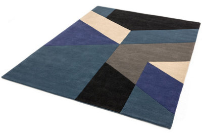 BLUE WOOL HANDMADE LUXURIOUS MODERN ABSTRACT GEOMETRIC RUG FOR FOR ...