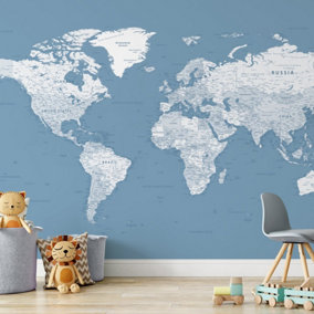 Blue World Map Wallpaper Mural - Peel & Stick Wallpaper - Size Medium (400 x 250 cm)