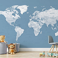 Blue World Map Wallpaper Mural - Peel & Stick Wallpaper - Size Small (300 x 250 cm)