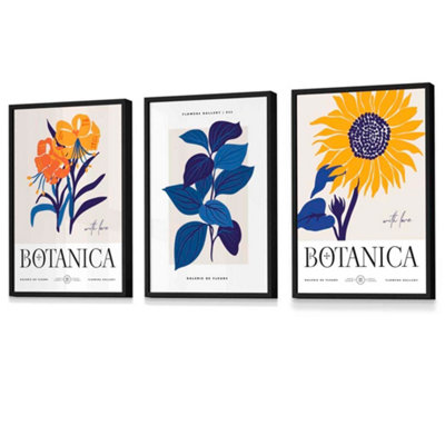 Blue & Yellow Floral Boho Sunflower Wall Art Prints / 42x59cm (A2) / Black Frame