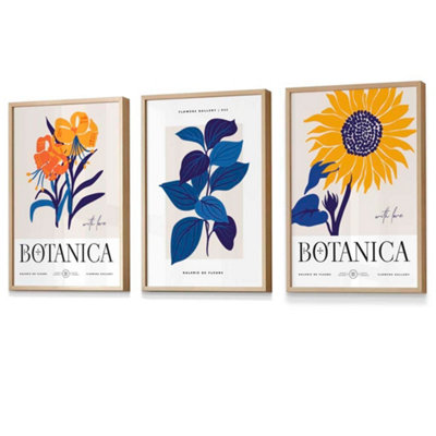 Blue & Yellow Floral Boho Sunflower Wall Art Prints / 42x59cm (A2) / Oak Frame