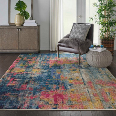 Blue/Yellow Modern Easy to Clean Abstract Graphics Rug For Dining Room-122cm (Circle)