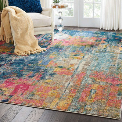 Blue/Yellow Modern Easy to Clean Abstract Graphics Rug For Dining Room-274cm X 366cm