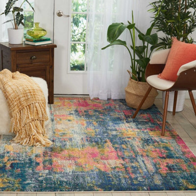 Blue/Yellow Rug, Stain-Resistant Graphics Rug with 6mm Thickness, Abstract Rug for Bedroom, & Dining Room-239cm (Circle)