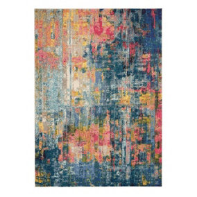 Blue/Yellow Rug, Stain-Resistant Graphics Rug with 6mm Thickness, Abstract Rug for Bedroom, & Dining Room-61cm X 183cm (Runner)