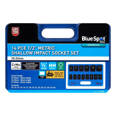 BlueSpot 14pc 1/2" DR Metric Shallow Impact Sockets Set 10mm - 32mm 01585