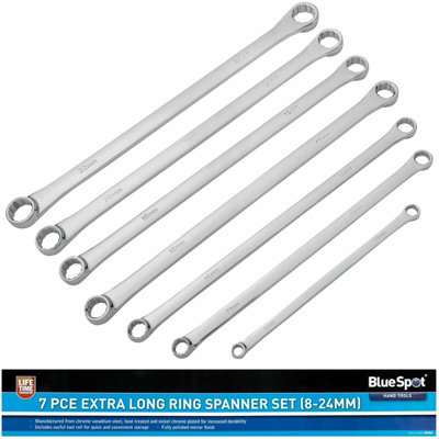 BlueSpot 7pc Extra Long Ring Spanner Set Aviation Double Ended Wrench 8 - 24mm