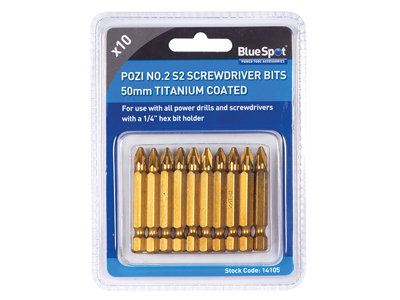 BlueSpot Tools 14105 Titanium Coated Screwdriver Bits PZ2 x 50mm (Pack 10) B/S14105
