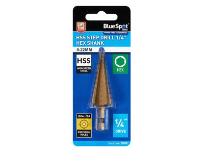 BlueSpot Tools 32052 HSS 1/4in Hex Shank Step Drill 4-22mm B/S32052