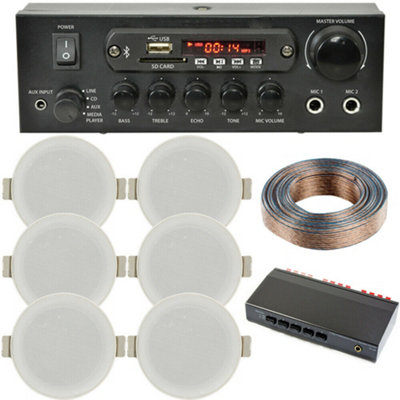 Bluetooth Ceiling Music Kit Zone Stereo Amp 6x Low Profile HiFi