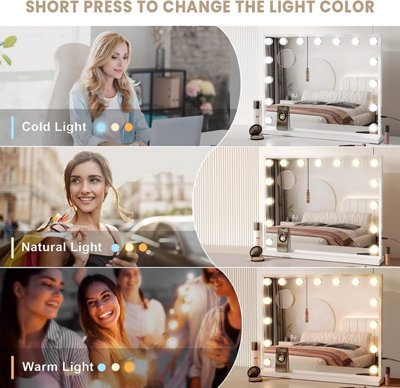 Miroir à LED 58 x 46 cm Hollywood Bluetooth, Pied/Mural, Luminosité