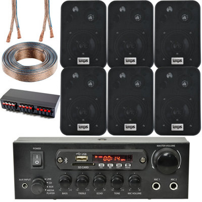 Bluetooth Wall Speaker Kit 3 Zone Stereo Amp & 6x Black Wall Background Music