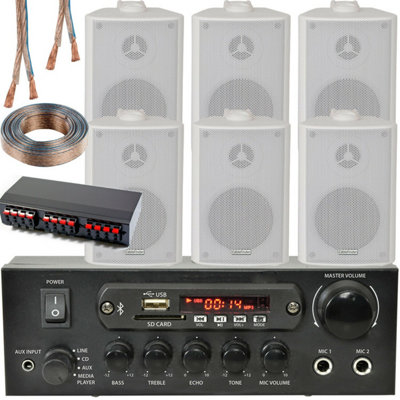 Bluetooth Wall Speaker Kit 3 Zone Stereo Amp & 6x White Wall Background Music