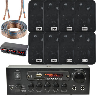 Bluetooth Wall Speaker Kit 4 Zone Stereo Amp & 8x Black Wall Background Music