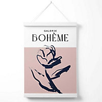 Blush and Navy Blue Rose Boho Sketch Floral Poster with Hanger / 33cm / White