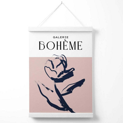 Blush and Navy Blue Rose Boho Sketch Floral Poster with Hanger / 33cm / White