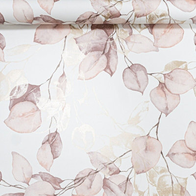 Blush Ecualyptus Floral Wallpaper Cream Gold Metallic Pink Purple Leaves Smooth