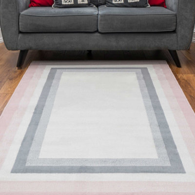 Blush Pink Grey Bordered Living Room Rug 120x170cm