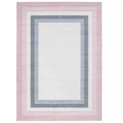 Blush Pink Grey Bordered Living Room Rug 160x230cm