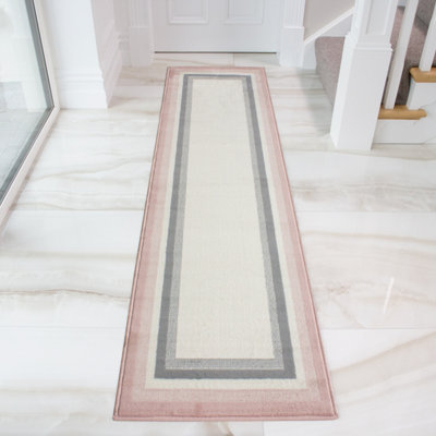 Blush Pink Grey Bordered Living Room Runner Rug 60x240cm