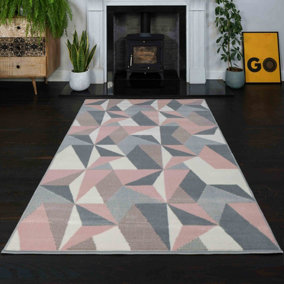 Blush Pink Grey Diamond Geometric Living Room Rug 120x170cm