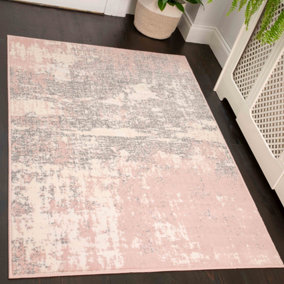 Blush Pink Grey Distressed Abstract Living Room Rug 60x110cm