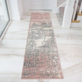 Blush Pink Grey Distressed Abstract Living Room Runner Rug 60x240cm
