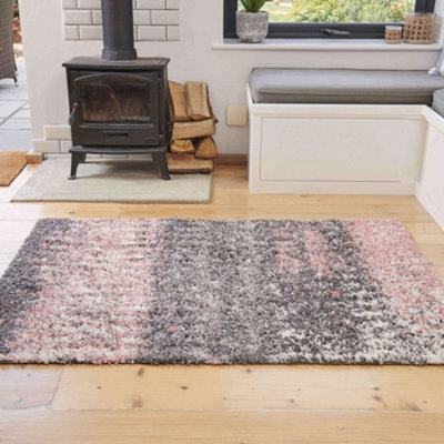 Blush Pink Grey Distressed Abstract Scandi Shaggy Living Area Rug 80x150cm