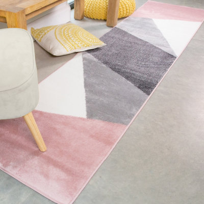 Blush Pink Grey Super Soft Abstract Geometric Runner Rug 60x240cm