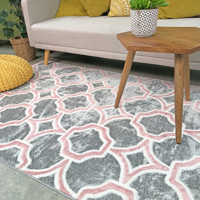 Blush Pink Grey Super Soft Geometric Area Rug 190x280cm