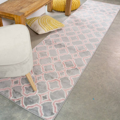 Blush Pink Grey Super Soft Geometric Runner Rug 60x240cm