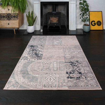 Blush Pink Grey Traditional Patchwork Living Room Rug 120x170cm