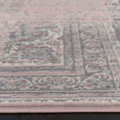 Blush Pink Grey Traditional Patchwork Living Room Rug 240x330cm