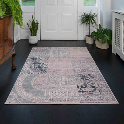 Blush Pink Grey Traditional Patchwork Living Room Runner Rug 60x240cm