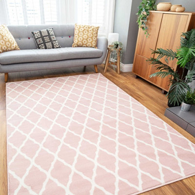 Blush Pink White Classic Trellis Living Room Rug 120x170cm