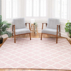 Blush Pink White Classic Trellis Living Room Rug 190x280cm