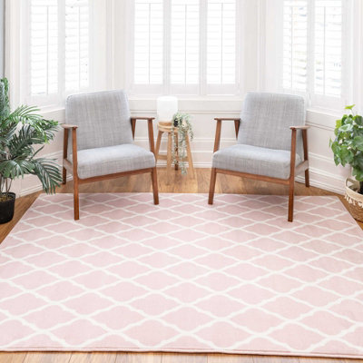 Blush Pink White Classic Trellis Living Room Rug 60x110cm