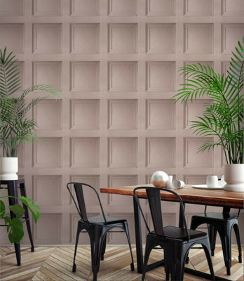 Blush Pink Wooden Panel 3D Effect Realistic Square Panelling Flat Wallpaper