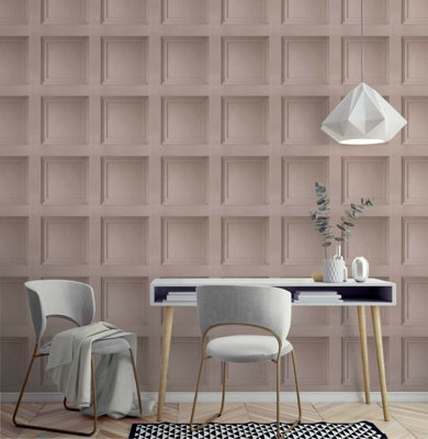 Blush Pink Wooden Panel 3D Effect Realistic Square Panelling Flat Wallpaper