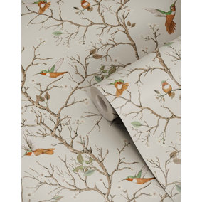 Bobbi Beck eco-friendly Beige bird tree wallpaper