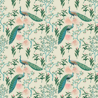 Bobbi Beck eco-friendly beige colourful peacock wallpaper