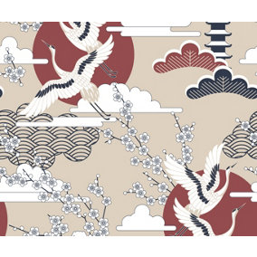Bobbi Beck eco-friendly Beige crane and cherry blossom wallpaper