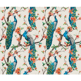 Bobbi Beck eco-friendly Beige peacock floral pattern wallpaper