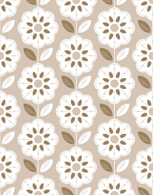 Bobbi Beck eco-friendly Beige retro flower tile print wallpaper